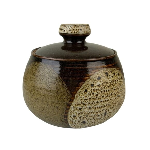 Pottery Bowl & Lid Signed Brown Circular Design Home Decor Boho Art Vintage MCM